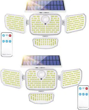 286 LED Solar Motion Lights Outdoor 2 Pack, 4 Heads Solar Security Lights Waterproof IP65 Waterproof Motion Sensor Light with Remote Control, 3 Modes Flood Light for Garage Yard White