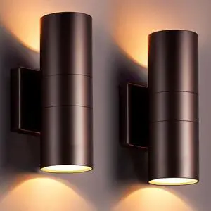 wowlite Modern Outdoor Wall Light with Dusk to Dawn Sensor 2 Pack, LED Cylinder Up Down Wall Light Outdoor 2700K Warmlight Bronze Exterior Light Fixture, IP65 Waterproof Wall Sconce for Porch Garage