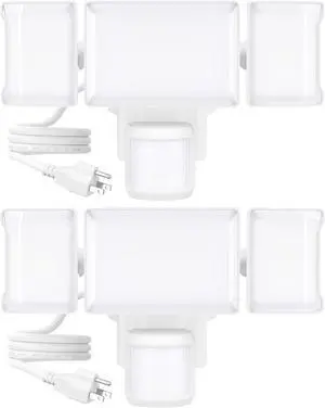 Olafus 75W Motion Sensor Outdoor Light Plug in, 2 Pack Motion Flood Lights 3 Heads, 7500LM LED Security Light IP65, Motion Activated 6500K PIR Sensor Lighting for Garage Yard Porch Patio, White