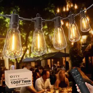 RTTY 100FT Outdoor String Lights with Remote, Led Patio String Lights with Shatterproof ST38 Vintage Bulbs, IP65 Waterproof, Dimmable Outside Hanging Lights for Proch,Backyard,Cafe,Balcony,Bistro