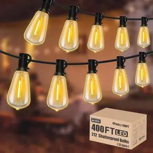 Achin String Lights for Outside 400FT(100ft*4) 2200K Warm Edison String Lights with 200+12 LED Vintage ST38 Bulbs Shatterproof Patio Lights Outdoor Waterproof for Yard Market Bistro Gazebo