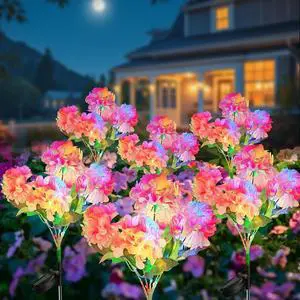 Neporal Solar Flowers Outdoor Waterproof IP65, 5-Head Pink Hydrangea with 4-Color Light & 2 Lightning Modes, Solar Garden Lights for Garden, Yard, Pathway, Gardening Gifts for Women - 6 Pack
