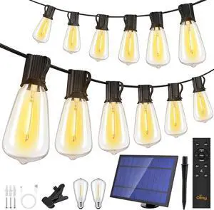 Ollny 50+2 LEDs ST38 Solar String Lights, 100 FT USB & Solar Dual Charging Outdoor String Lights, 3 Modes 5 Timers 10 Brightness 2200K Waterproof Patio Lights for Porch Garden Market Bistro Camping