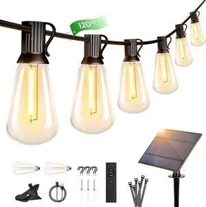 OHLUX 120FT Solar String Lights Outdoor with Remote, 2200K Soft Warm Patio Lights with 52 Shatterproof ST38 Tear-Drop LED Filament Bulbs, Dimmable Outside Edison Hanging Light for Backyard Deck Roof