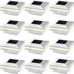 Dynaming 12 Pack Solar Post Lights, Outdoor Solar Powered Decorative Post Cap Light, White Shell & Warm White LED Lighting for Fence Deck Patio, Only Fit 3.5"x3.5" Wooden Posts