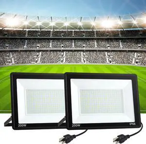 2 Pack 200W LED Flood Light Outdoor Plug in,25000 LM Super Bright Security Lights,IP66 Waterproof 6000K Daylight White Stadium Lights,Floodlights for Garage,Yard,Garden,Playground