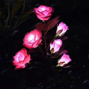 [Upgraded 6 Flowers] Solar Garden Decorative Artificial Flowers Lights, Outdoor Waterproof Rose Stake Light for Country Yard Front Porch Step Pathway Memorial Cemetery Grave Gravesite Decor,Pink