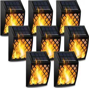 Dynaming Solar Flame Wall Lights Outdoor, 8 Pack Solar Powered Wall Lights, Flickering Flame Auto On/Off Wall Mounted Fence Deck Lights Lattice Decorative for Garage Garden Pathway Patio Porch Yard
