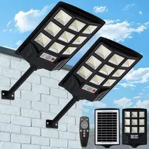 Solar Lights Outdoor,IP66 Waterproof Solar Street Lights with Motion Sensor & Remote,6500K Dusk to Dawn Security Light for Parking Lot/Yard/Garden (2 Pack)