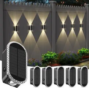 6 Pack Solar Fence Lights Outdoor, RGBW 8-Color Changing Waterproof Dual Lens Up/Down Lighting Solar Powered Fence Lights for Garden/Pool Cage/Patio/Wall/Porch(2 Installation Modes)