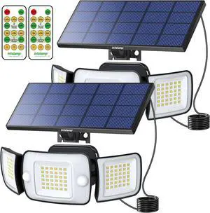 intelamp Solar Lights Outdoor, 3 Head Solar Motion Sensor Lights for Outside, lP65 Waterproof,Separate Panel with 9FT Cable Remote Control Flood Lights(2Pack)