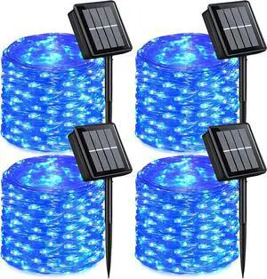 QITONG Blue Solar Fairy Lights, 4 Pack Each 33ft 100 LED String Lights Outdoor Waterproof, 8 Modes Silver Wire Twinkle Mini Lights