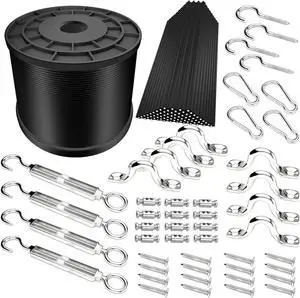 YQL Outdoor String Lights Hanging Kit,Globe String Lights Suspension Kit,164ft Black Vinyl-Coated 304 Stainless Steel Cable,String Light Guide Wire,Hook & Eye Turnbuckle Wire Rope Tension