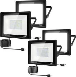 4Pack LED Flood Light Outdoor,50W LED Work Light 5500lm with 6FT US Plug,IP66 Waterproof Exterior Security Lights,6000K Daylight White Outside Floodlights Slim Design for Playground Yard