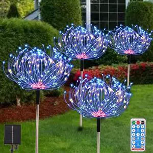 Fireworks Solar Lights Outdoor 4 Pack 480 LED Pathway Lights Solar Powered Starburst Fairy Lights Waterproof 8 Lighting Modes with Remote Control for Patio Christmas Yard Decorative(Multi-colored)
