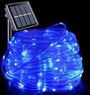 YEGUO 66ft 200 LED Solar Rope Lights Outdoor Waterproof, Solar Pool Lights Blue, 8 Modes Solar Fairy Lights in Clear Thin Tube Outside