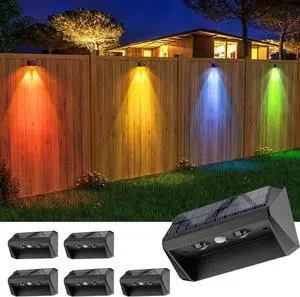 Solar Fence Lights Outdoor 6 Pack, Lens LED Fence Lights, Wall Lights Outdoor Warm White, Cool White and RGB Waterproof Solar Light for Deck, Patio, Backyard Black