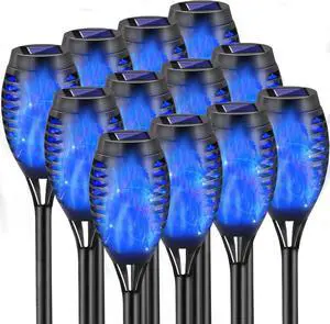 Outdoor Solar Lights Blue, 12 Pack Solar Torch Lights with Flickering Flame Waterproof Mini Tiki Torches for Landscape Garden Pathway Dusk to Dawn Auto On/Off