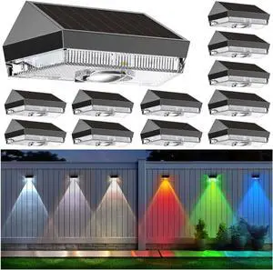 12PK Solar Fence Lights Outdoor - 3000/4000/6000K&RGB 6 Color, Dusk to Dawn Fence Lights Solar Powered, IP65 Waterproof Solar Light Outdoor for Backyard/Railing/Step/Patio/Wall