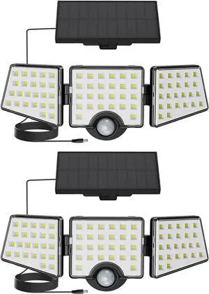 Solar Lights for Outside, WL5000 Motion Activated Security Lights, Separate Solar Panel, 3 Adjustable Head 270° Wide Lighting Angle, IP65 Waterproof Wall Lamp for Porch Yard Garage, 2 Packs