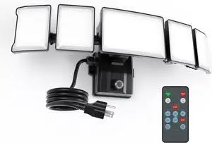 Olafus 100W Plug in Flood Lights Dusk to Dawn LED Outdoor Light with Remote, 5 Adjustable Heads IP65 Waterproof LED Security Light with Photocell for Yard Garden Porch Black