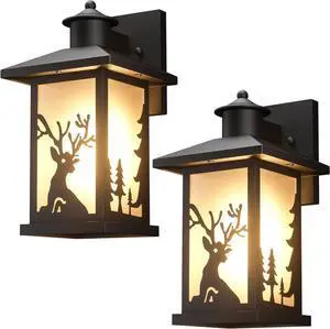 JAYNLT 2 Pack Outdoor Wall Sconce, Waterproof Exterior Wall Lights Fixtures, Porch Lights Anti-Rust with Toughened Frosted Glass, Deer Pattern and E26 Socket for House, Garage, Patio,Front Door