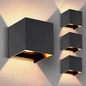 4-Pack LED Outdoor Wall Mount Lights Exterior/Interior, Square Modern Wall Sconce Fixture Set, Up and Down Lights IP65 Outdoor Waterproof Lights, 12W Warm Light 3000K Light Sconce (Matte Black)