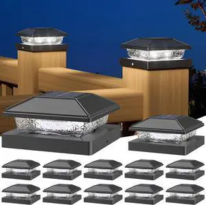 NIORSUN Solar Post Lights Outdoor, Fence Post Solar Lights Cool White, Waterproof, Garden Patio Fence Deck Decor, 4x4 Post Caps Wood Vinyl, Black 12 Pack