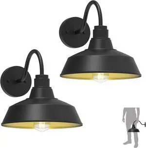 12.4" Dome Gooseneck Barn Light, Outdoor Anti-Rust&Waterproof Farmhouse Wall Sconce, Outdoor Wall Lanterns for Porch/Patio, E26 Base 100W Max(Black 2-Pack Exterior Lighting Fixtures)