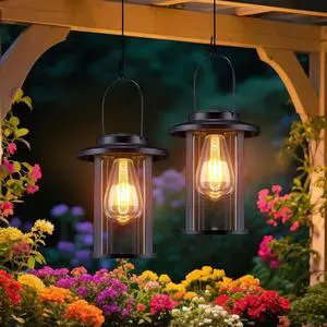 Solar Lantern Outdoor,Hanging Solar Lights Waterproof,Outdoor Wall Light Fixtures with Bulb,Outside Porch Lights Wall Mount for Front Garage Chicken Coop Farmhouse,2 Pack
