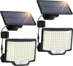 2-Pack Outdoor Solar Lights with 166 Extra Bright LEDs, 3 Modes, Waterproof Motion Sensor Solar Flood Lights with 16ft Extension Wires, Security Light for Patio, Yard, Garden, Porch, and Garage, 6500K