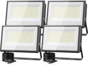Olafus 100W Flood Lights Outdoor, 9000lm LED Work Light Plug in, 6500K Daylight White Led Flood Light Outdoor, IP66 Waterproof Security Lights for Yard Garage Stadium 4 Pack