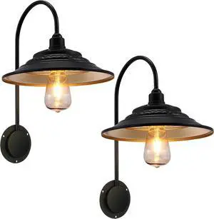 Solar Barn Lights for Outside, 2PCS Waterproof Solar Wall Light Fixture, Rustic Vintage Metal Gooseneck Wall Mount Outdoor Lights with Gold Interior, for Outdoor Barn Shed Farmhouse Porch