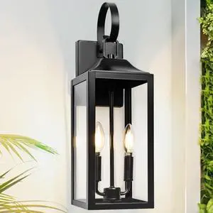 19" Black Outdoor Wall Lantern 2-Light, Large Outside Modern Porch Sconce Light Fixture, Industrial Porch Light Wall Mount with Glass, Waterproof Farmhouse Exterior Lamp Lighting 1 Pack