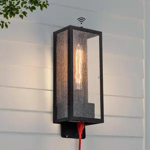 Porch Light with Outlet, Dusk to Dawn Outdoor Lighting with Outlet Built in, Matte Black Outdoor Light Fixture with Seeded Glass, Waterproof Anti-Rust Outdoor Wall Lights for House Porch Garage Patio