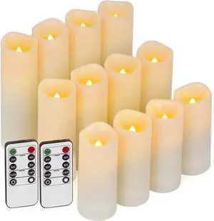 Enido 12 Pc Flameless LED Candles with Remote & Timer, Outdoor Waterproof, Flickering Electric Warm Lights for Cozy Home & Holiday Romantic Decor, Battery Operated for Party(D 2.2 x H 4/5/6