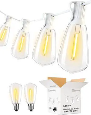 DAMAING LED Outdoor String Lights 100FT Patio Lights with 52 Shatterproof Edison Bulbs,Dimmable Hanging Lights,Waterproof String Lights for Outside Wedding,Bistro,Porch,Backyard,2200K
