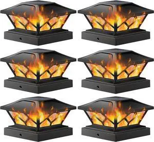 LETMY 6 Pack Solar Flame Post Cap Lights Outdoor-Flickering Flame & Warm Light Modes, Waterproof Fence Post Solar Lights Outdoor for Garden Yard Fence Deck, Fits 4x4, 4.5x4.5 or 5x5 Vinyl/Wooden Posts