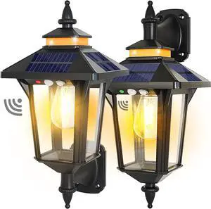 2 Pack Solar Wall Lantern Lights Outdoor with 3 Lighting Modes, Motion Sensor Wall Sconce, Dusk to Dawn LED Exterior Front Porch Lights Fixtures Wall Mount Waterproof for Garage House Doorway Yard