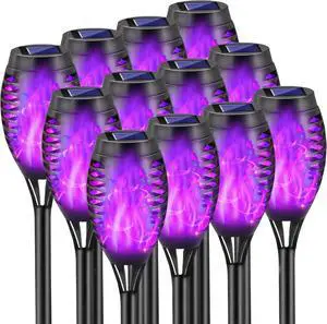 Halloween Decorations Outdoor, 12 Pack Purple Solar Lights Outdoor Waterproof 12 LED Mini Tiki Torch Lights with Flickering Flame for Outside Landscape Garden Pathway Dusk to Dawn Auto On/Off