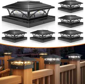 APONUO Solar Post Cap Lights 6 Pack - 4x4 5x5 6x6 Fence Post Lights, Auto On/Off, Waterproof IP64, 2-Mode (Warm/Cool White), Deck Patio Yard Solar Light for Wood & Vinyl Posts, Black