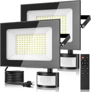 papasbox 2 Pack 100w Led Motion Sensor Flood Light - 10000lm 6500k Daylight Whie Ultra Thin Security Lights Outdoor with Remote Control and Plug IP65 Waterproof Floodlight for Work Garage House Porch