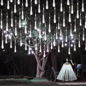 Solar Meteor Shower Lights,Solar Christmas Lights Outdoor Waterproof,16 Tubes 384 LEDs (Equivalent to 2 Sets of 8-Tube) Icicle String Light,LED Rain Drop Light for Tree Garden Decoration (Cool White)