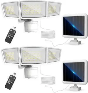 Energetic Solar Outdoor Lights, 1800LM 192 LED Security Motion Sensor Outdoor Lights with Remote Control, IP65 Waterproof Floodlight, 3 Head Motion Detected Spotlight for Garage, Pack of 2 (White)