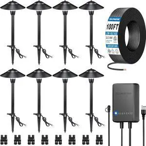 SUNVIE All-in-One LED Pathway Lighting Kit, 8-Pack Low Voltage Landscape Lights with Transformer and 100FT 16/2 AWG Wire, 3000K Waterproof Landscape Lighting with Connectors for Walkway Garden Yard