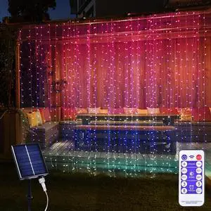 300 LED Solar Curtain Lights Outdoor Indoor Solar Christmas Lights Fairy Window Waterproof, Twinkle 8 Modes Christmas Decoration for Home Patio (Multi-Colored)
