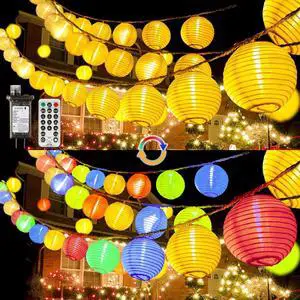 Outdoor Patio Lights Plug in, 65.6Ft Connectable Warmwhite & Multicolor Hanging Lantern String Lights with Remote Dimmable Timer 80LED Outdoor String Lights waterproof for Garden Backyard Fences