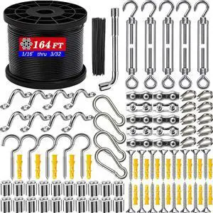 164FT Outdoor String Light Hanging Kit - Heavy Duty Black Vinyl-Coated Stainless Steel Wire Rope with Turnbuckles, Hooks & Eye Straps for Patio, Garden, Backyard, Party Decor
