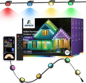Permanent Outdoor Lights 100ft with 72 LEDs, DIY Scene Modes, Smart RGBW String Lights Waterproof, App/Remote Control for Christmas, Holidays, Alexa/Google Assistant Compatible, Black