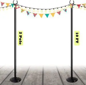 10ft String Light Poles for Outdoors, Outside Light Poles for Hard Ground Surface, Backyard, Patio, Outdoor Lighting, Matte Black, 2 Pack
